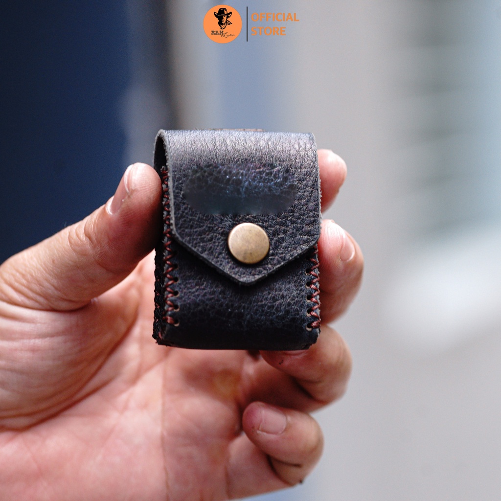 Bao Zippo da bò màu đen vân hạt - RAM Leather