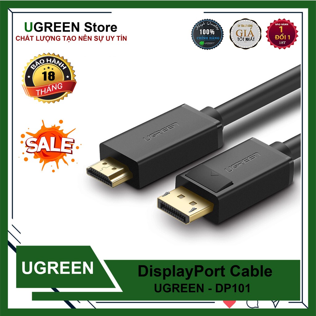 Dây Cáp Displayport to HDMI Full HD Ugreen DP101 Chính Hãng - CÁP CHỈ TRUYỀN 1 CHIỀU , KHÔNG TRUYỀN NGƯỢC LẠI