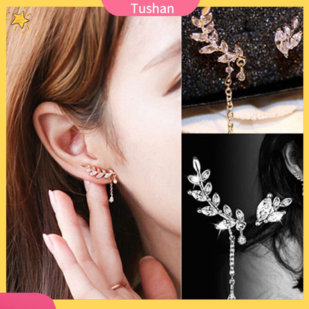 Khuyên tai dạng dài hình chiếc lá đính đá sang trọng