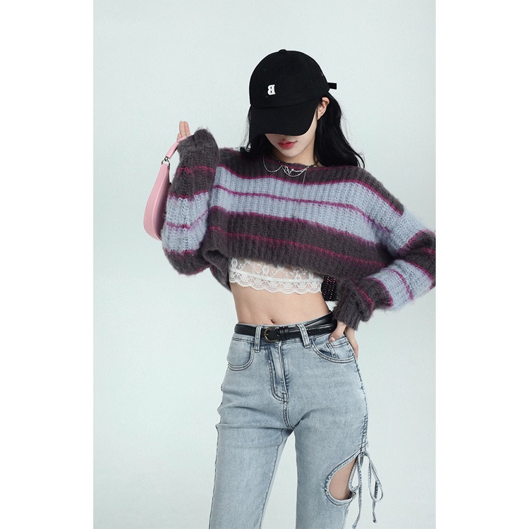 Áo Croptop Dệt Kim Dáng Rộng Tay Dài Họa Tiết Kẻ Sọc Màu Sắc Tương Phản Phong Cách Hàn 9504