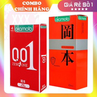 Bao cao su okamoto 0.01 zero one siêu mỏng + bao cao su okamoto skinless skin strawberry hộp 10 cái