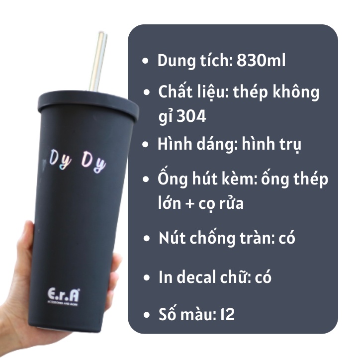 Ly Bình Nước Giữ Nhiệt tặng Custom Tên Trên Bình - ERASHOP 830ML- Inox 304 có Kèm Nút Chống Tràn, Ống hút, Cọ rửa