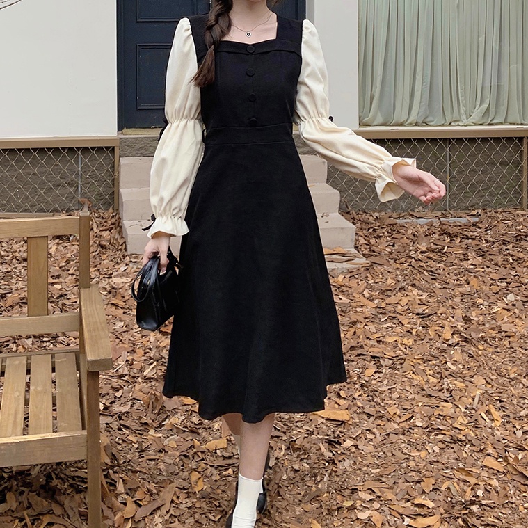 Đầm midi SUXI dáng chữ A dài tay cổ vuông thời trang mùa thu dành cho nữ