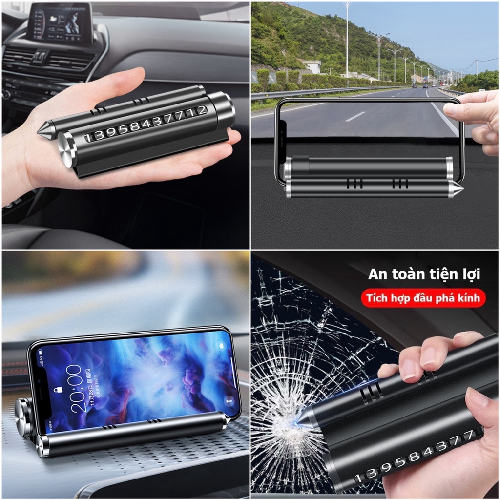 Bảng Ghi Số Điện Thoại 3 Trong 1 Trên Ô Tô - Thẻ Ghi Số Điện Thoại Để Taplo Ô Tô Kiêm Giá Đỡ Điện Thoại Và Búa Phá Kính