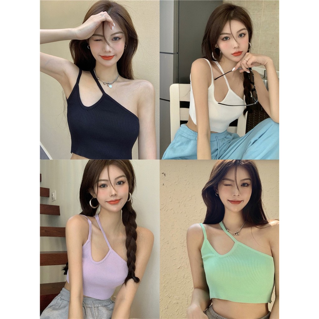 Cocory vn Áo Croptop Dệt Kim Thiết Kế Lệch Vai Phong Cách Quyến Rũ