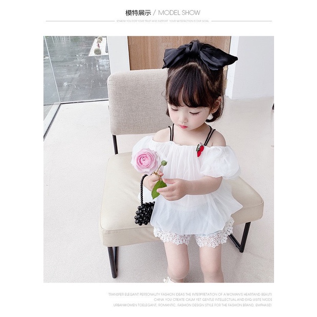 Bộ hè bé gái, set bộ áo voan trễ vai gắn sticker quả cherry kèm quần short jean cho bé