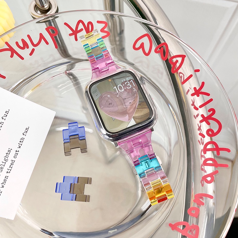 Dây Đeo Bằng Nhựa Màu Cầu Vồng Mỏng Kích Thước 41mm 45mm 44mm 40mm Cho Đồng Hồ Apple Watch Series 7 6 5 4 3 2 1 42mm 38mm