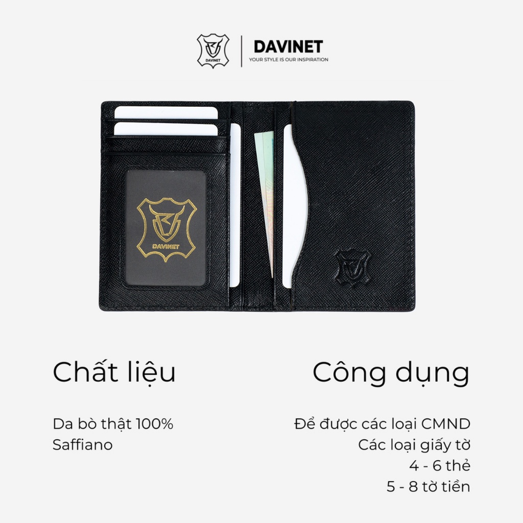 Ví nam mini đựng thẻ Da Bò Safiano DAVINET Lion nhỏ gọn dáng đứng, Nhiều Ngăn,Xu Hướng mới Nhất, bảo hành 5 Năm