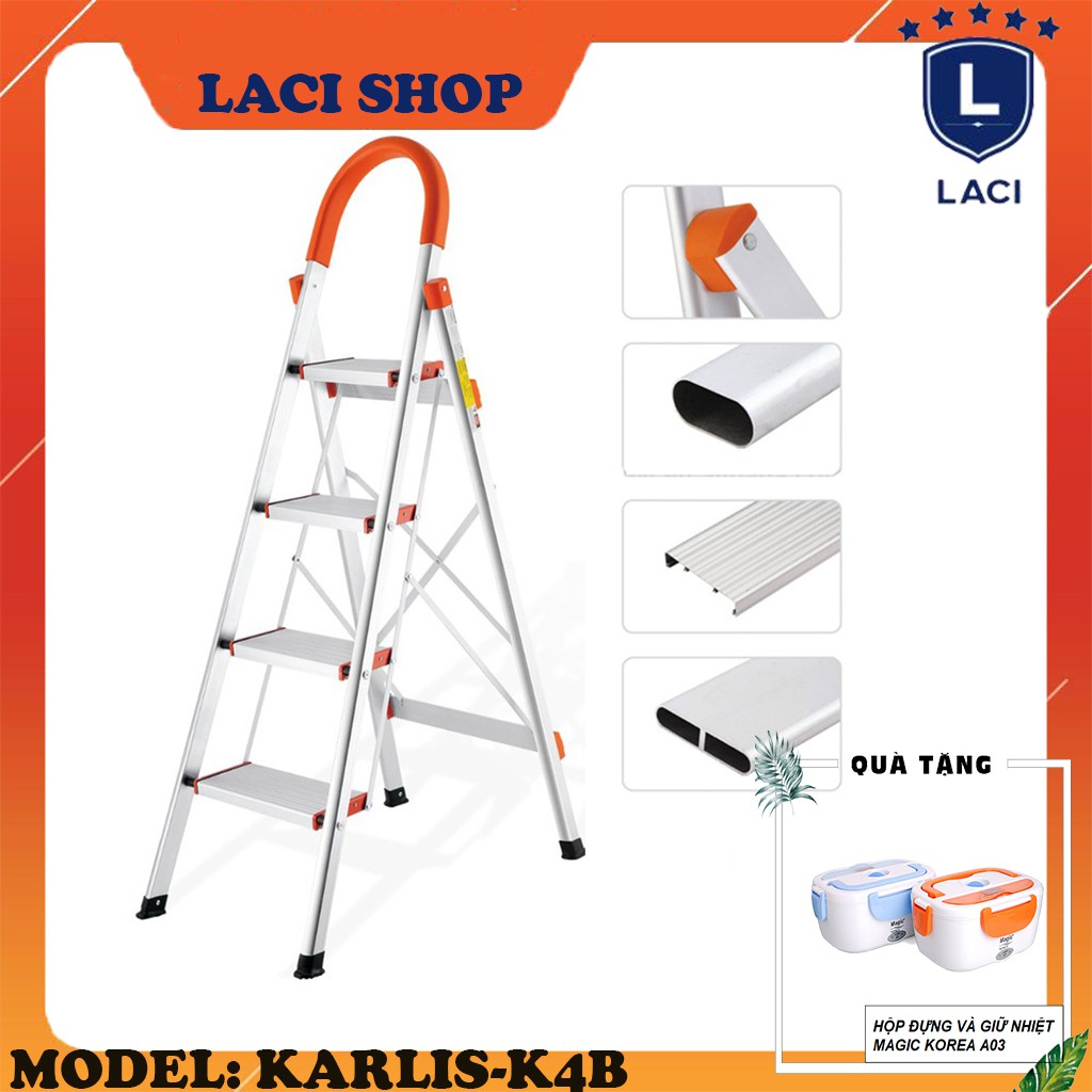 Thang Ghế Nhôm Xếp Gọn 4 Bậc Karlis K4B | Chiều Cao Tối Đa 1m4 | Chịu Tải 150Kg | Tặng Hộp Cơm Magic A03