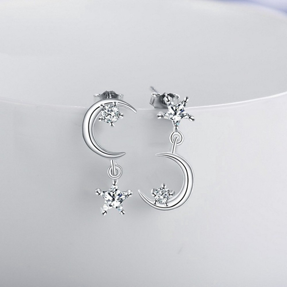 Bông tai đính hạt hình mặt trăng và ngôi sao bạc lấp lánh phong cách Hàn Quốc