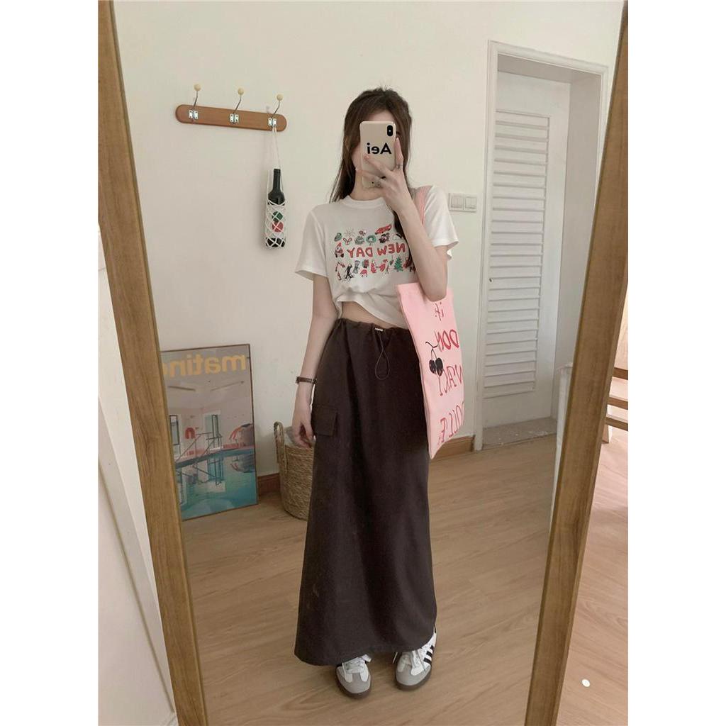 Set Áo Thun Ngắn Tay Họa Tiết Niche 63950 Kèm Chân Váy Dây Rút Lưng Cao Xẻ Tà Thời Trang Hàn Quốc
