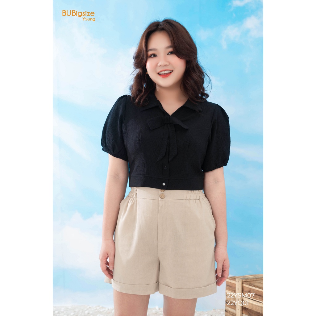 Áo croptop vải xốp nơ cổ BIGSIZE (55kg đến 95kg) - 22YSM07 - [BU Bigsize Young]