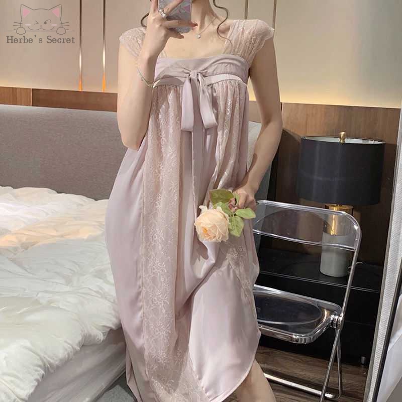 Đầm Ngủ Công Chúa Hai Dây Phối Ren Thắt Nơ Phong Cách Hoàng Cung Ngọt Ngào Mùa Hè Dành Cho