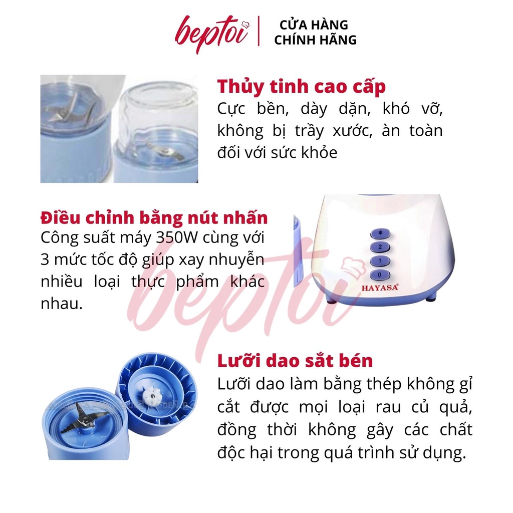 Máy xay sinh tố cối thủy tinh, máy xay đa năng dao thép không gỉ công suất 350W Hayasa HA-0181