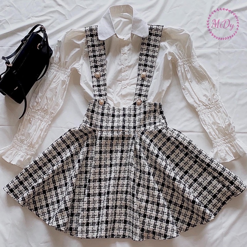 Set áo sơ mi tay nhún kiểu + váy yếm chất dạ Tweed