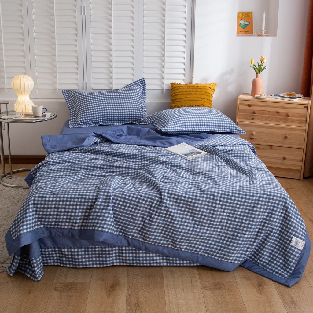 (HÀNG MỚI- Chất Đẹp ) Bộ Chăn Ga Gối Cotton Đũi✨ m6/m8/2m - Full size Tiệm Nhà Mêu✨ 2 Vỏ gối ,drap ,chăn chần Basic Caro | BigBuy360 - bigbuy360.vn