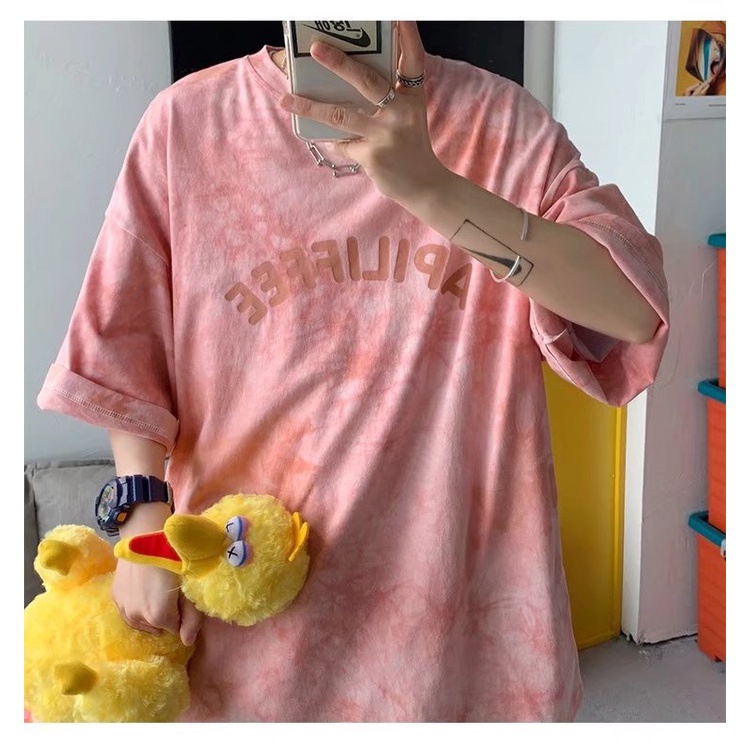 Áo thun tay ngắn cổ tròn nhuộm màu loang phong cách hong kong cá tính thời trang mùa hè cho nam Size M-7XL