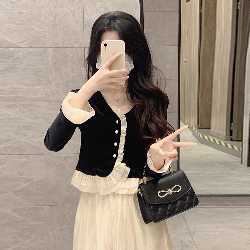 Sét áo nhung phối bèo mix chân váy voan tơ