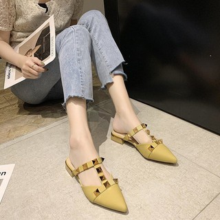 Dép Nữ Mũi Nhọn Thời Trang Cá Tính ❤Dép Da Bóng Gót Thấp Mũi Nhọn Đính Đinh Tán Thời Trang Mùa Hè 2021 Cho Nữ