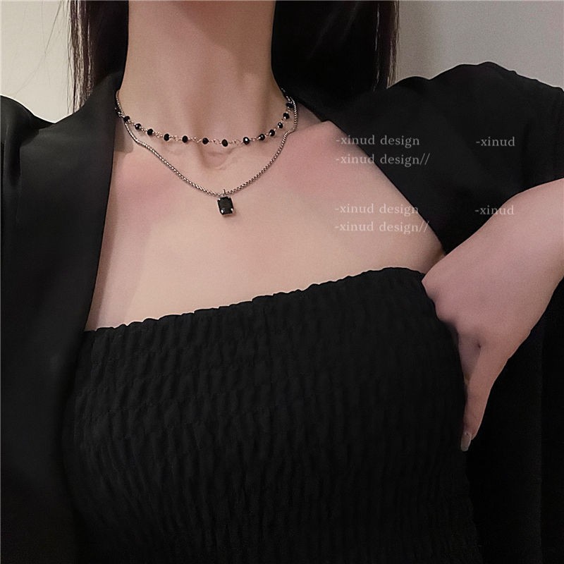 Vòng cổ Hai Lớp Xếp Chồng Đính Đá Kim Cương Đen 2021 Sang Trọng