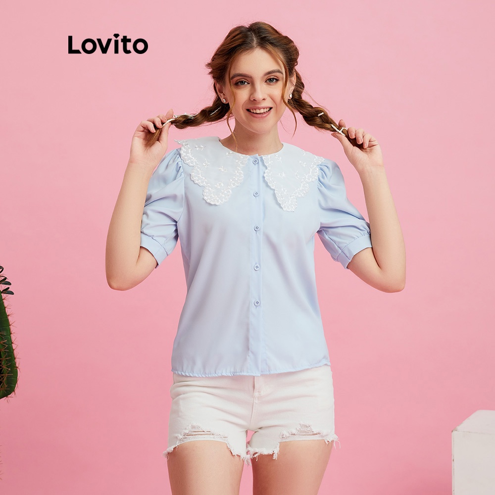 Áo kiểu Lovito cổ áo màu tương phản thêu trang trí dễ thương L10149 (màu xanh dương)