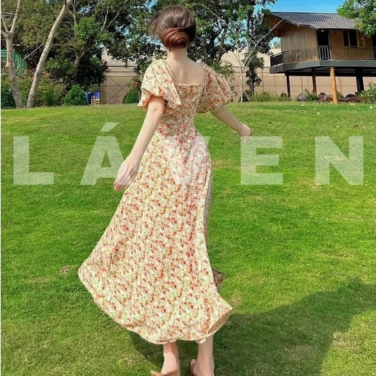 Váy Nữ Dự Tiệc,đầm Lụa Xòe Hoa Cúc Nhí Thiết Kế Cổ Vuông Tay Phồng Ôm Dáng Body Điệu Đà Sang Chảnh Thời Trang [xm Minh P
