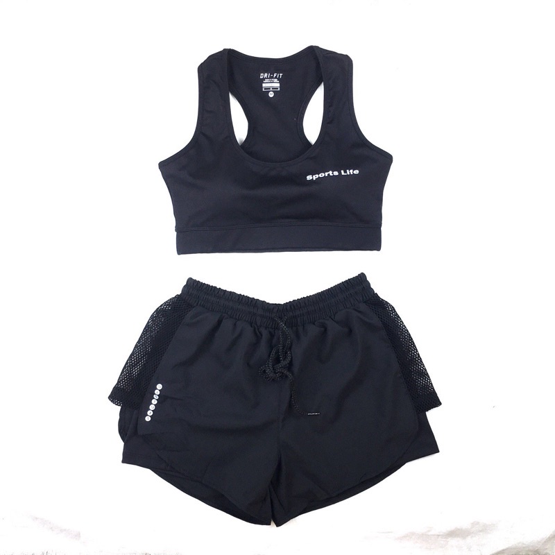 Bộ bra quần đùi 2 lớp phối lưới, đồ tập Gym yoga Aerobic nữ, set đồ bơi, chạy bộ chất đẹp