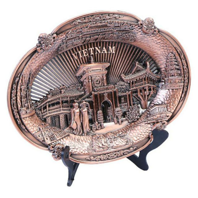Đĩa đồng oval đúc nổi các biểu tượng địa danh Việt Nam là quà tặng lưu niệm trang trí  đối tác bạn bè người  nước ngoài