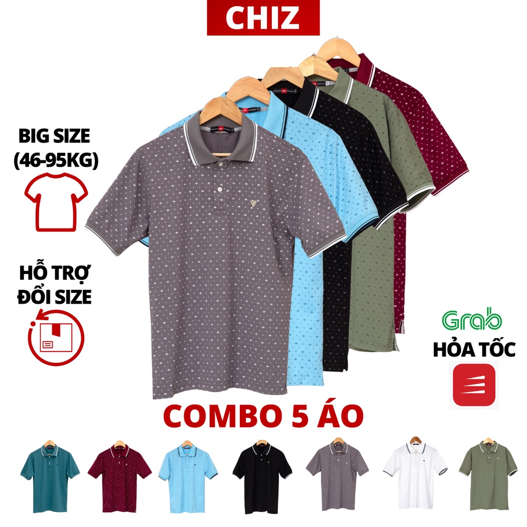 Áo thun polo nam trung niên big size đại cho bố CHIZ vải cotton cao cấp co giãn|COMBO 5 ÁO