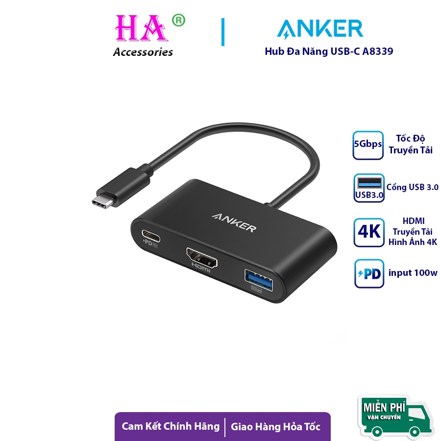 Hub Đa Năng Anker PowerExpand Type C 3in1 , input PD 100w , HDMI 4K , USB 3.0 A8339