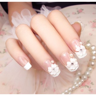 Bộ 24 Móng Tay Giả viền trắng đính hoa (keo dán)
