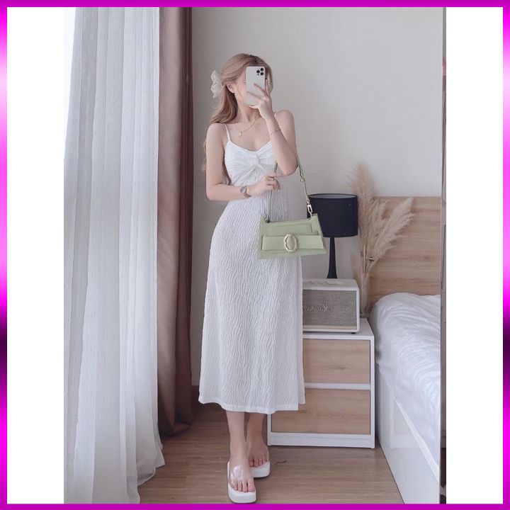 Váy babydoll dáng dài đầm maxi hai dây đầm babydoll có mút ngực có dây kéo phía sau lưng vải xốp đi biển đi dạo phố