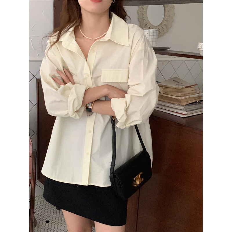 Áo Polo Dáng Rộng Tay Dài Có Túi Màu Trơn Thời Trang Dành Cho Nữ 49173