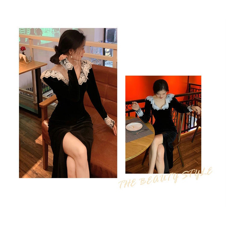 Đầm nhung đen tay dài xẻ tà phối ren quyến rũ thời trang kiểu Pháp cho nữ 2021