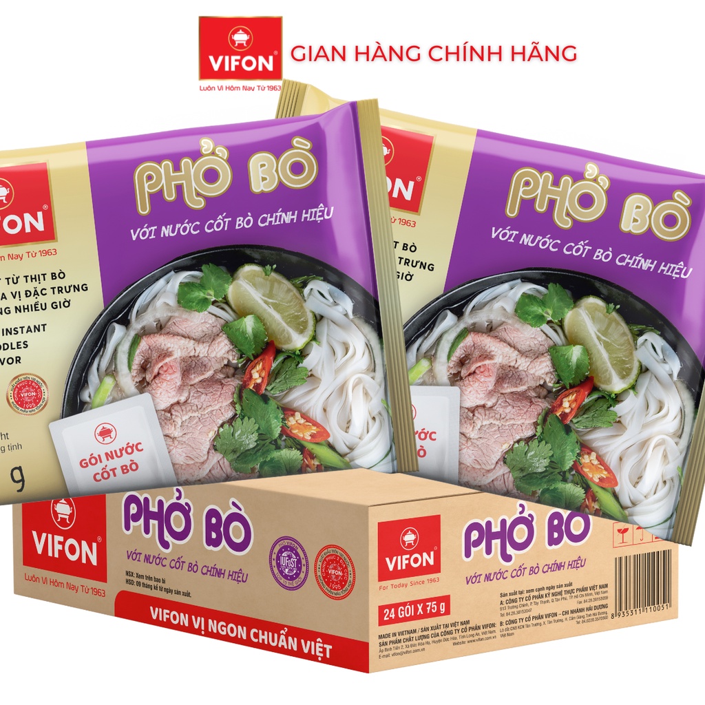 Thùng 24 Phở Bò VIFON Có Gói Nước Cốt Bò (75g/gói)