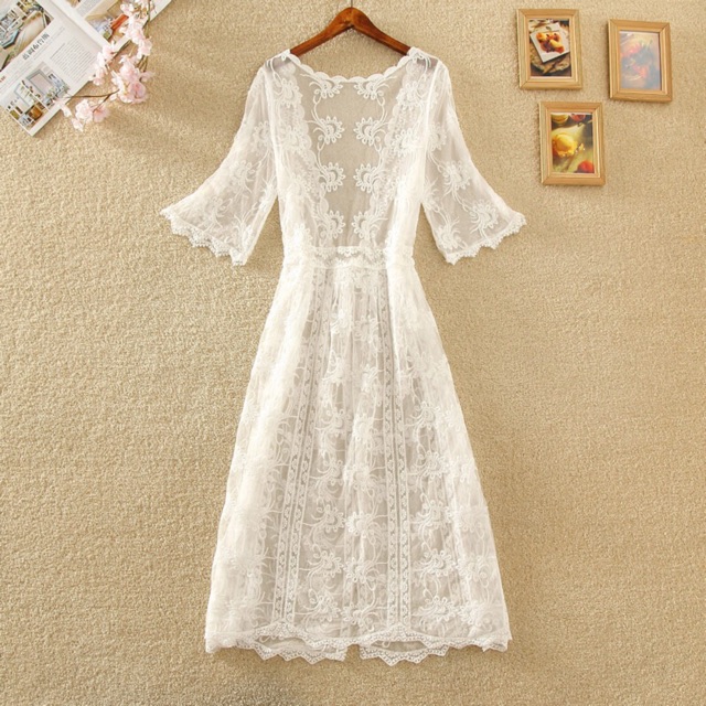 Áo choàng ren biển hoa dáng dài qua gối (~120cm) 1090#