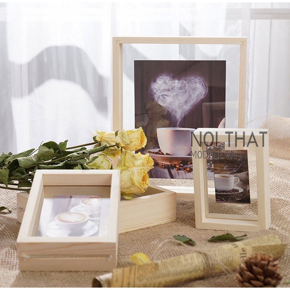 Khung ảnh decor 2 mặt, khung ảnh để bàn 2 mặt chất liệu gỗ thông tư nhiên