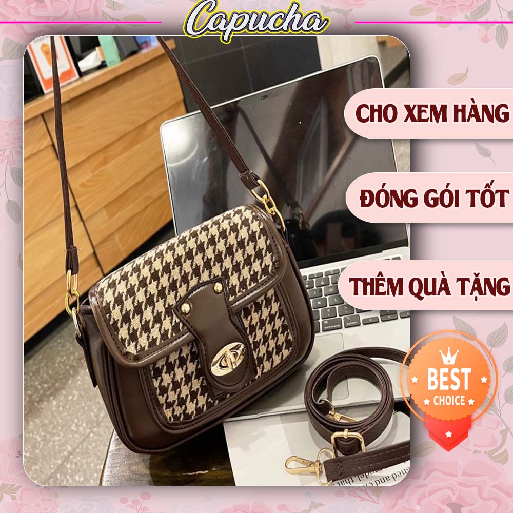 Túi xách nữ kẹp nách đeo chéo đeo vai vân caro khóa xoay phong cách Hàn Quốc Capucha T57