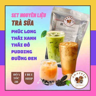 Set nguyên liệu trà sữa trân châu phúc long, thái xanh, thái đỏ SNACKIN, tặng kèm công thức tự nấu, ăn vặt Hà Nội