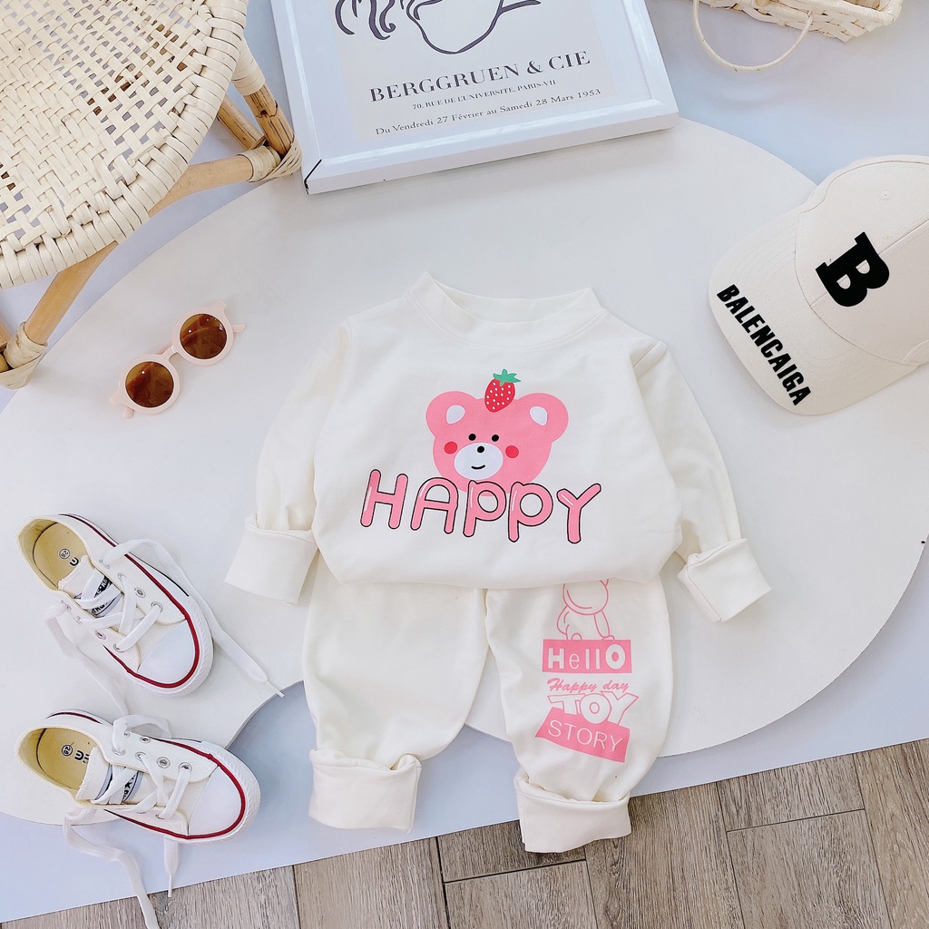 Bộ dài tay cho bé gái mùa thu hình gấu HAPPY 8-18 kg
