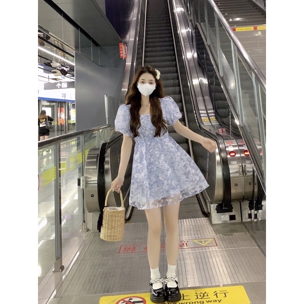 Đầm váy hoa voan tay phồng cao cấp hàng Quảng Châu