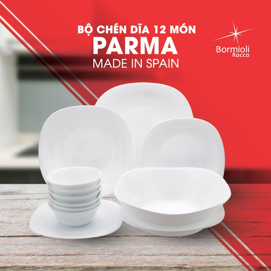 Bộ chén đĩa thủy tinh opal 12 món PARMA bền gấp 3 lần thủy tinh thường [TÂY BAN NHA]