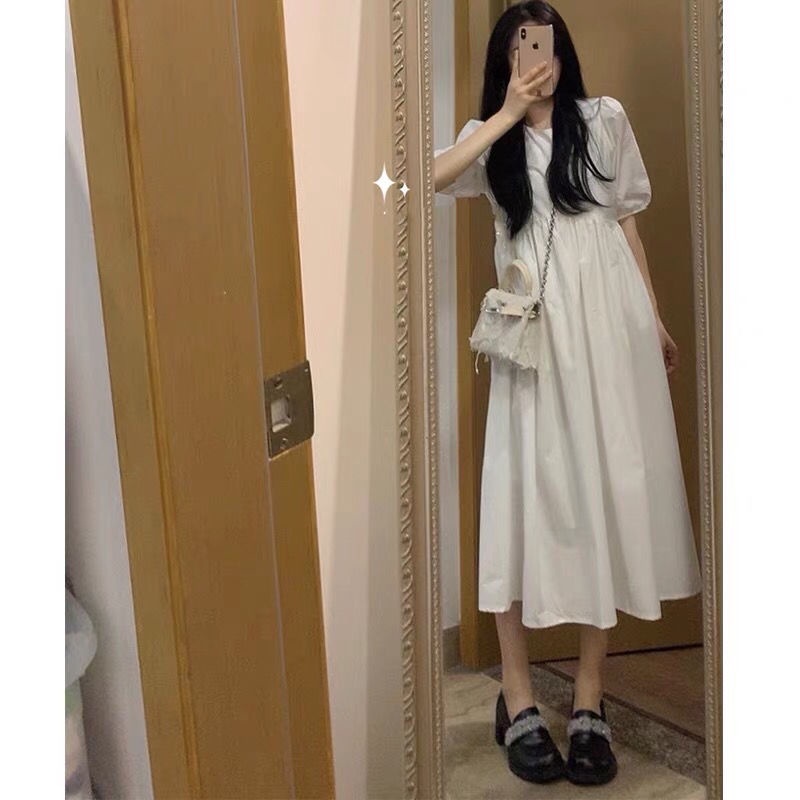 Đầm dài ngang gối màu trắng phong cách retro thời trang cho nữ