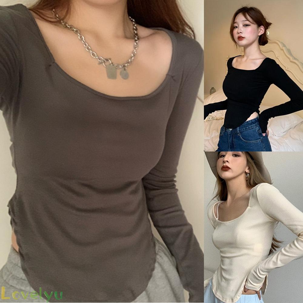 ◀READY▶Women Long Sleeve Tee Soft Comfort Irregular TShirt Retro Slim fit U Neck Top LsAajYZl# Good Quality