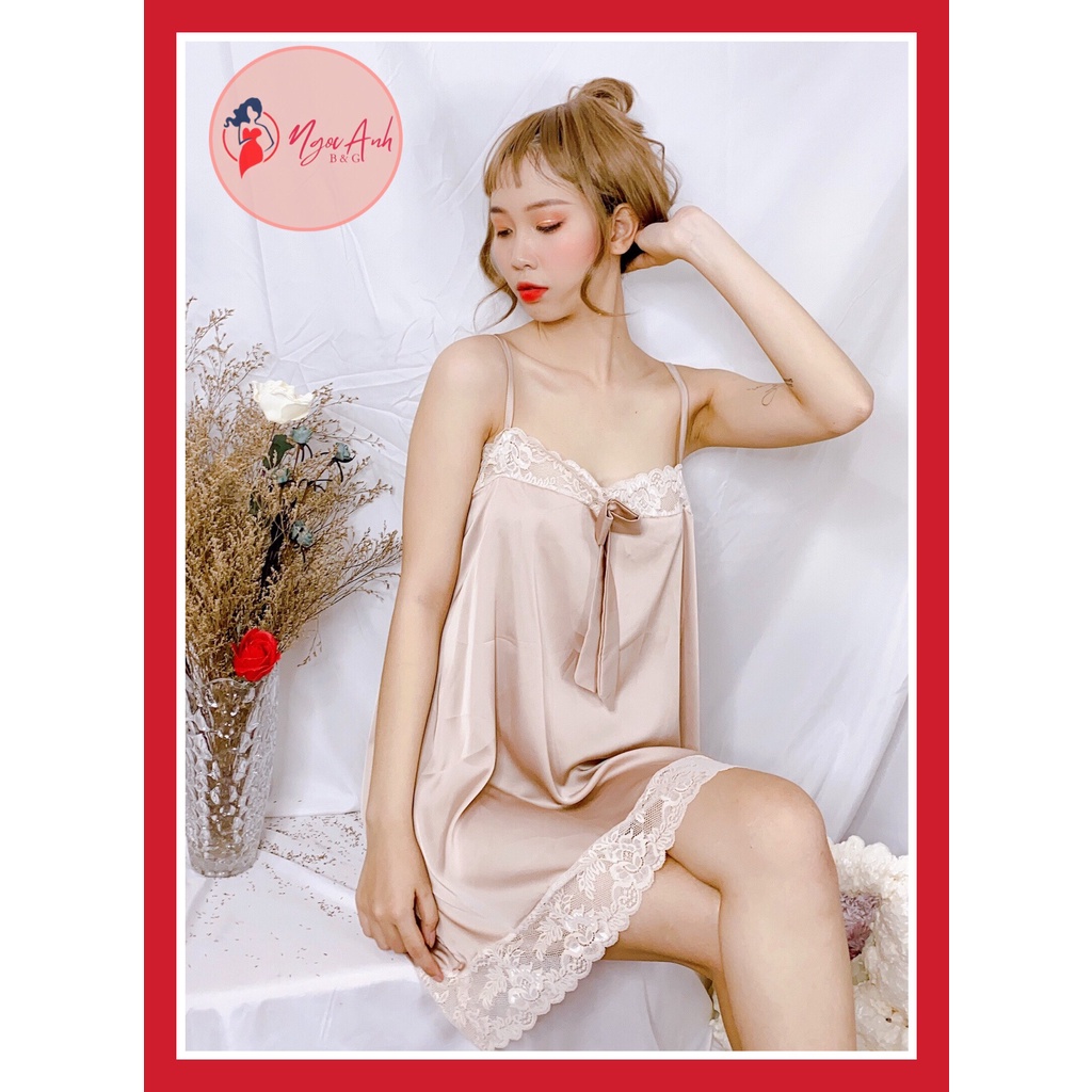 Đầm ngủ lụa 2 dây phối nơ siêu dễ thương