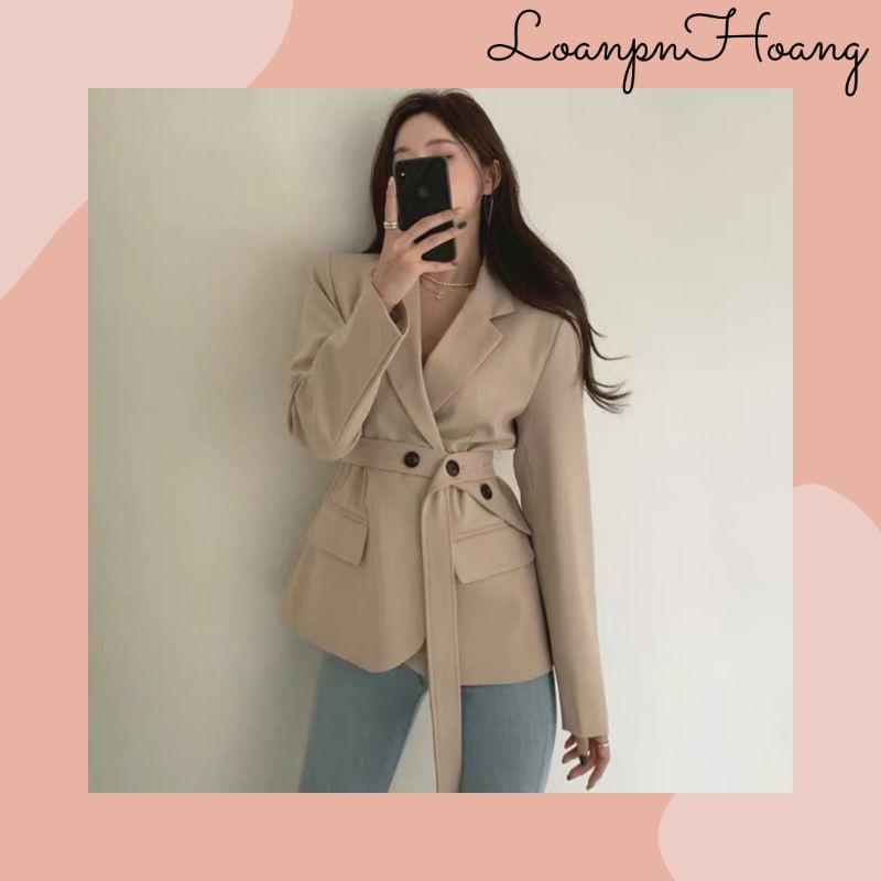 [BLAZER 01]Blazer hai lớp màu kaki kèm belt da và dây phong cách Hàn Quốc