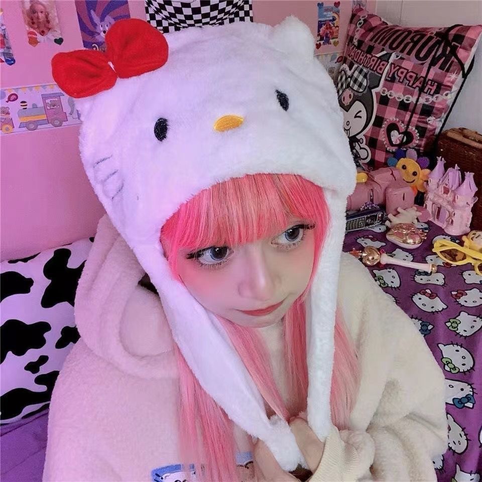 Japanese Cute Kitty Cat Hat Soft Girl Cartoon Plush Hat Hot Y2k Style Girl Cat Bow Sweet Wind Pullover Decoration
