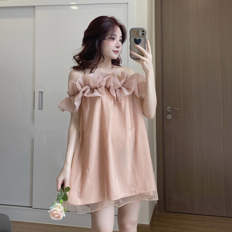Váy trễ vai 2 màu hồng/đen