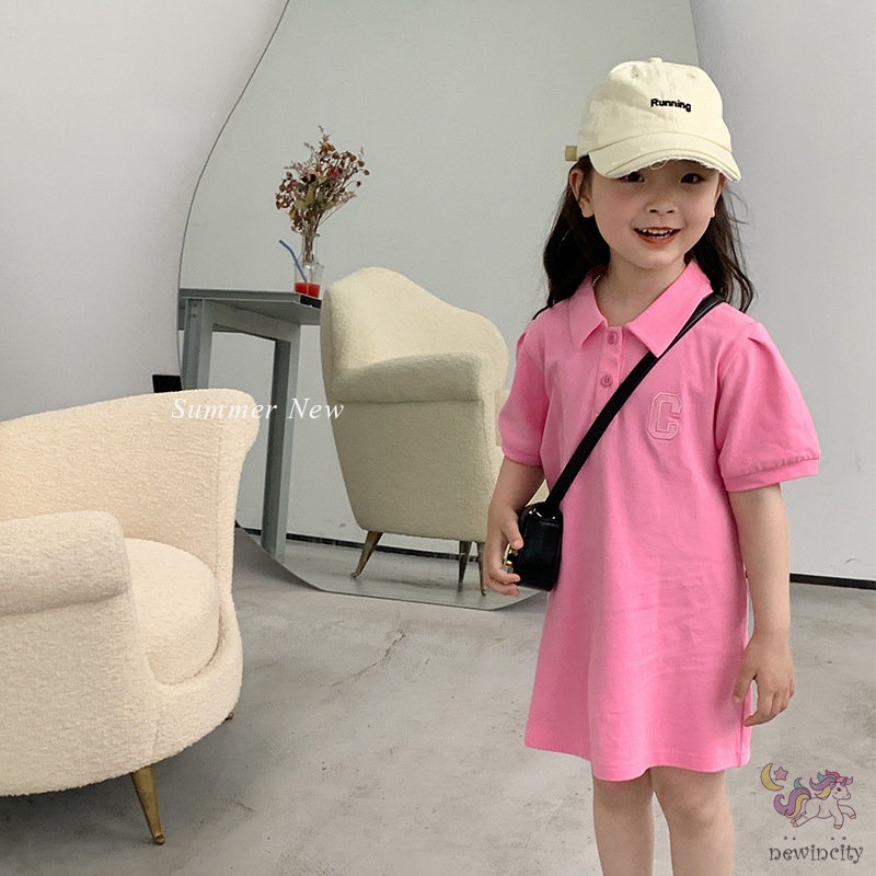 Đầm Tay Ngắn Cổ Bẻ Thêu Chữ Đáng Yêu Thời Trang Phong Cách Hàn Quốc Cho Bé Gái