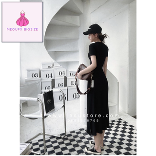 Đầm thun midi đen xẻ tà màu đen big size